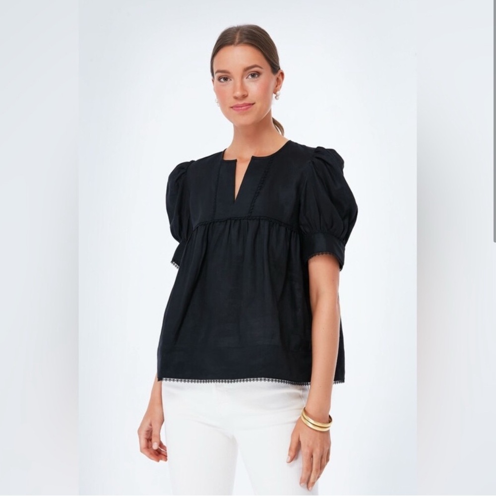 Tuckernuck After Hours Indra Linen Puff Sleeve Blouse in Black Size M